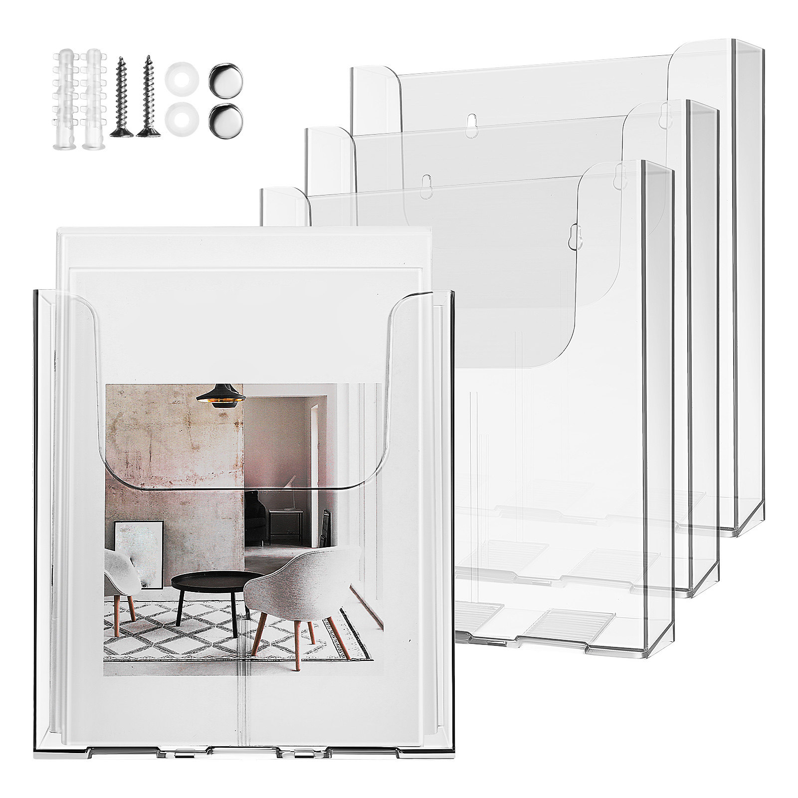Document Holder Stand - 4 ชิ้น ที่จัดระเบียบเอกสารอะคริลิกแบบติดผนัง ที่วางเอกสารใส ที่วางแฟ้ม สำหรับสำนักงาน