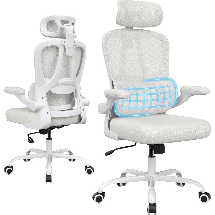 Ergonomic Office Chair - เก้าอี้สำนักงานที่ออกแบบตามหลักสรีรศาสตร์ พร้อมที่พักศีรษะ เหมาะสำหรับใช้ในบ้านและเล่นเกม โครงสร้างตาข่ายสีเบจ พนักพิงสูง พร้อมส่วนรองรับหลัง