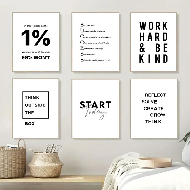 Home Office Room Inspiration - ภาพพิมพ์บนผ้าใบคำคมสร้างแรงบันดาลใจสีขาวดำเรียบง่าย 1 ชิ้น สำหรับตกแต่งผนังห้องนั่งเล่น สำนักงาน และบ้าน