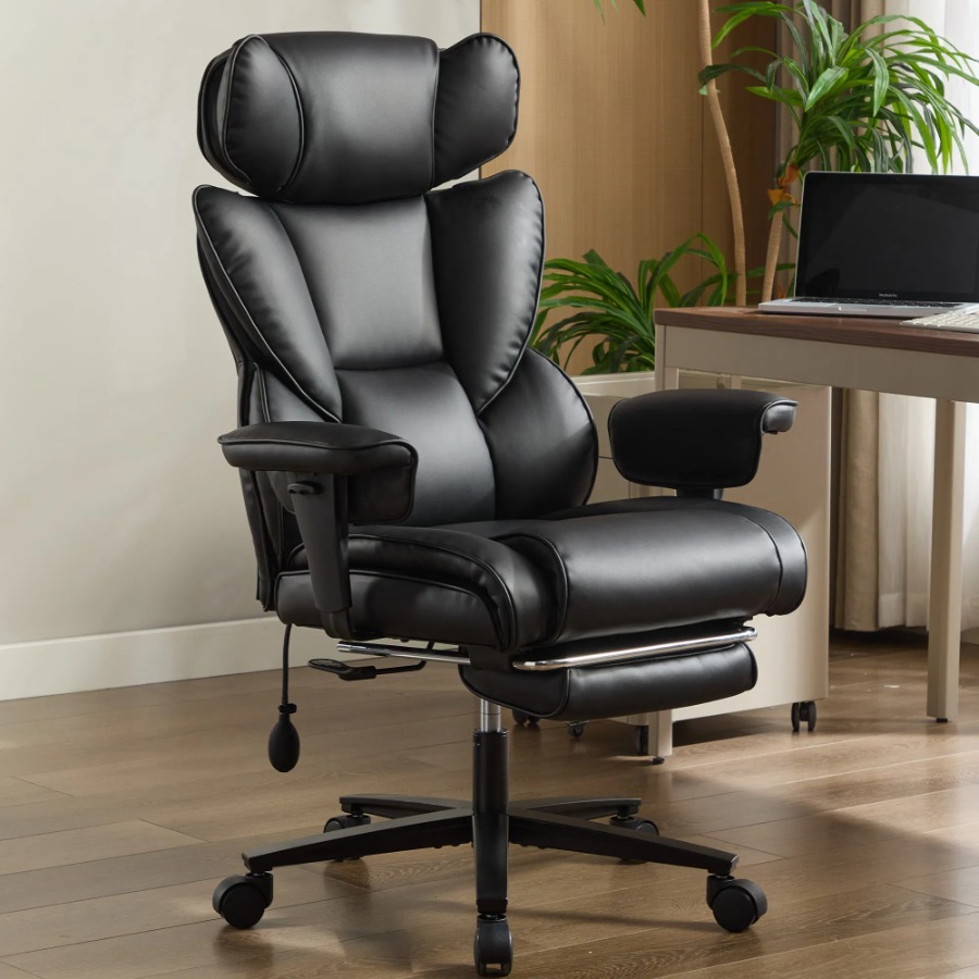 Ergonomic Office Chair - เก้าอี้สำนักงานพร้อมที่พักเท้าและที่รองรับส่วนเอว, เก้าอี้เกมมิ่งตามหลักสรีรศาสตร์ ปรับระดับความสูงของที่พักศีรษะได้, เก้าอี้หนังพนักพิงสูง