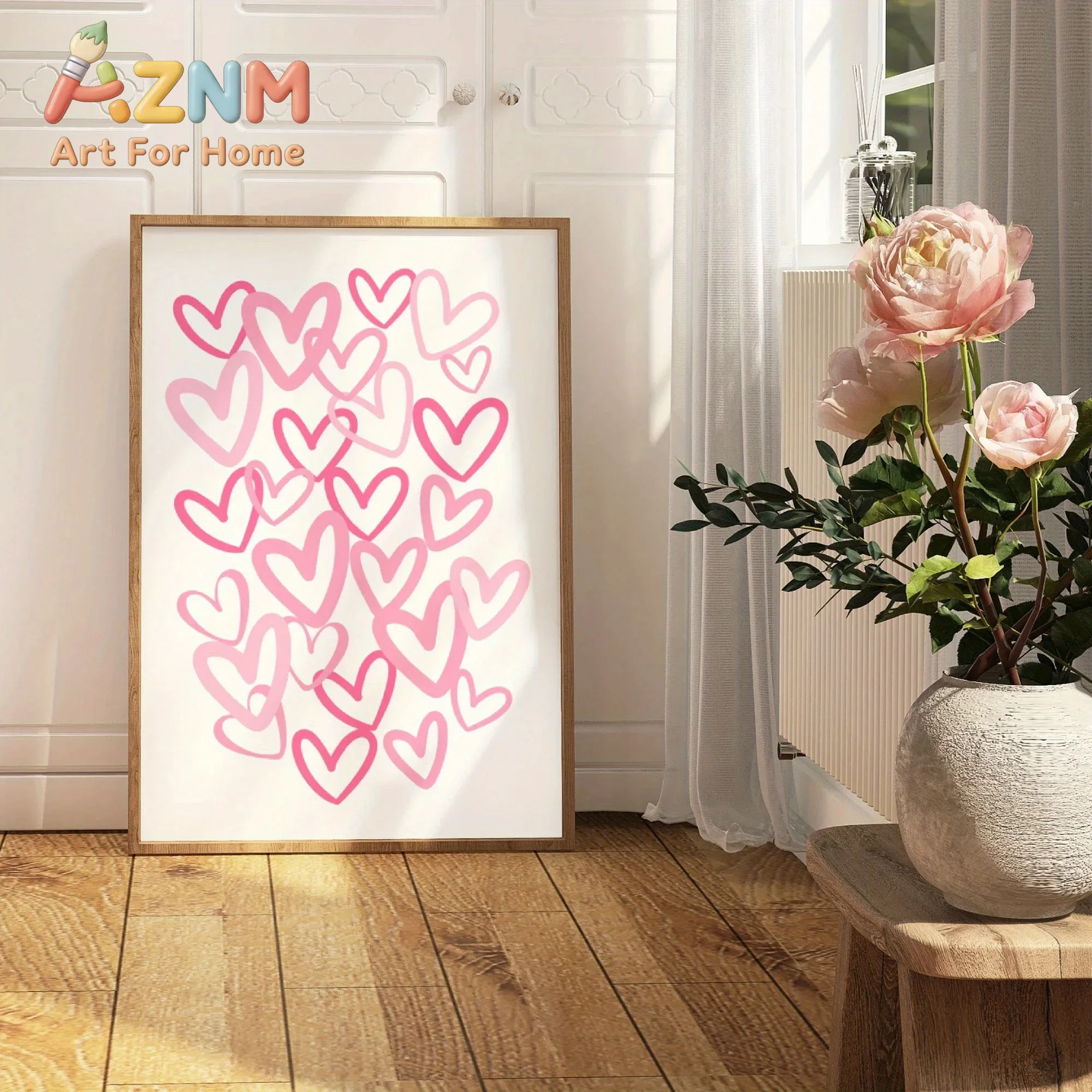 Home Office Room Inspiration - ภาพพิมพ์บนผ้าใบลายหัวใจสีชมพูสุดเก๋ ของตกแต่งผนังสไตล์โมเดิร์นสำหรับห้องนั่งเล่น ห้องนอน หรือโฮมออฟฟิศ โปสเตอร์สไตล์มินิมอลลิสต์ที่ได้แรงบันดาลใจจากภาพการ์ตูน